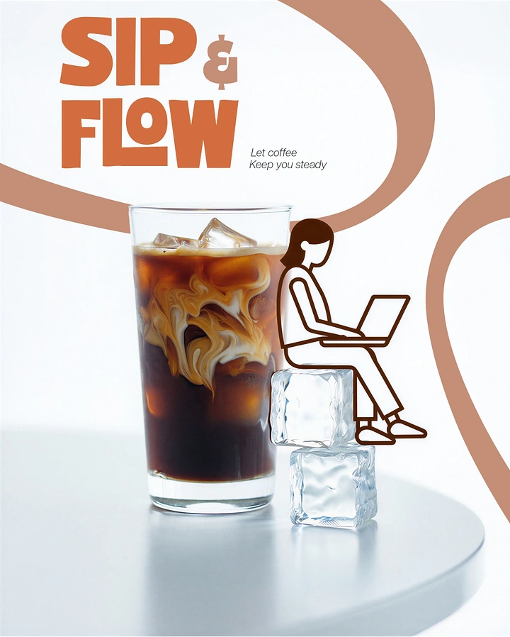 Creative ad: Iced latte glass with a line-drawn woman working on a laptop while seated on ice cubes