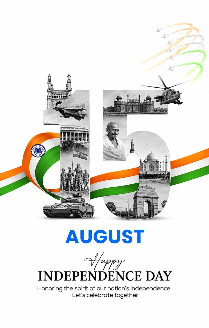 Independence Day creative ad: Giant numeral 15 filled with monochrome monuments and military imagery
