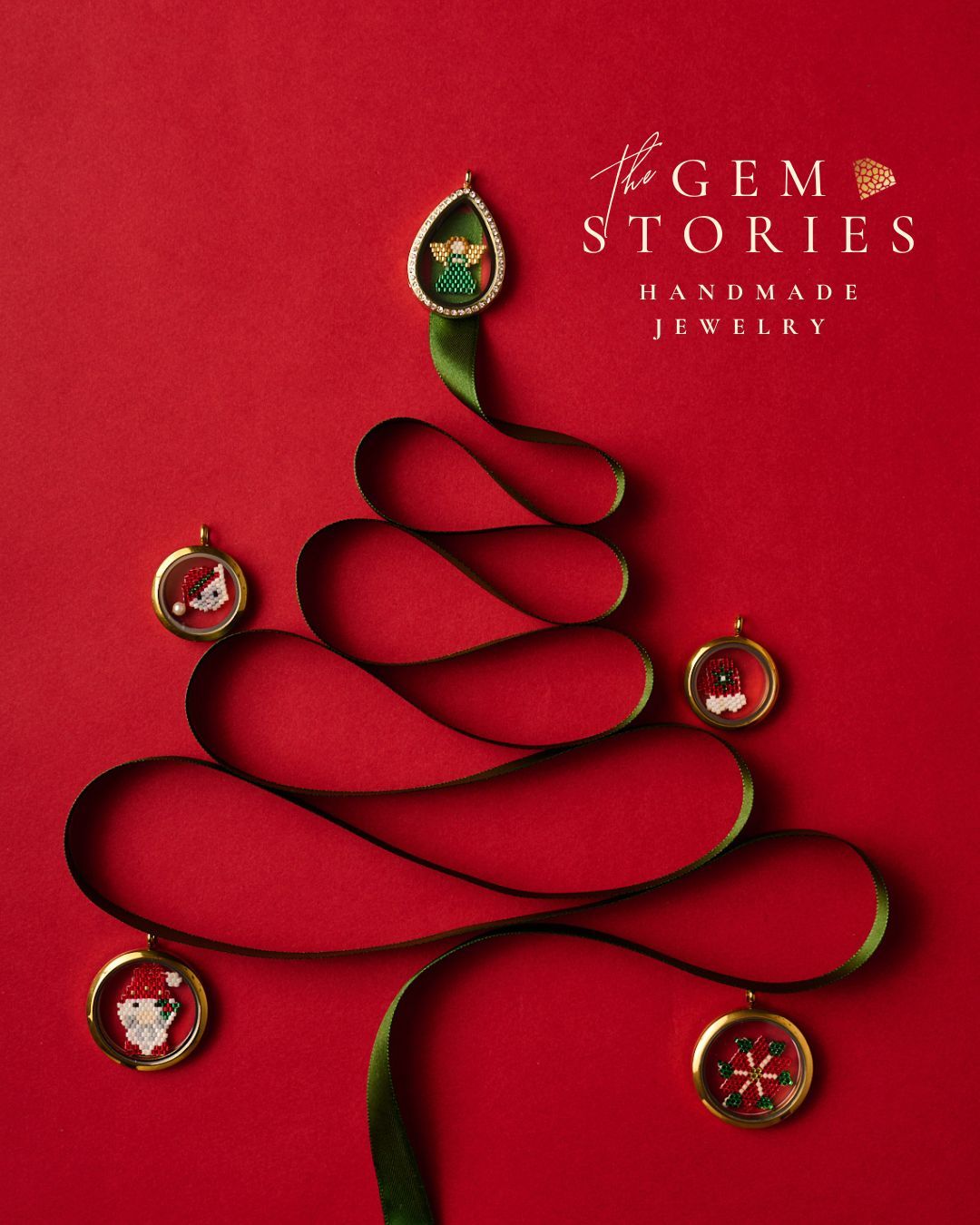 Christmas Instagram post: Green satin ribbon looped into a Christmas tree with gold beaded lockets as ornaments