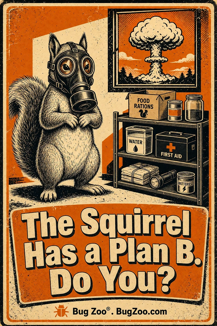 Pest Control creative ad: Squirrel in a gas mask beside a doomsday supply shelf