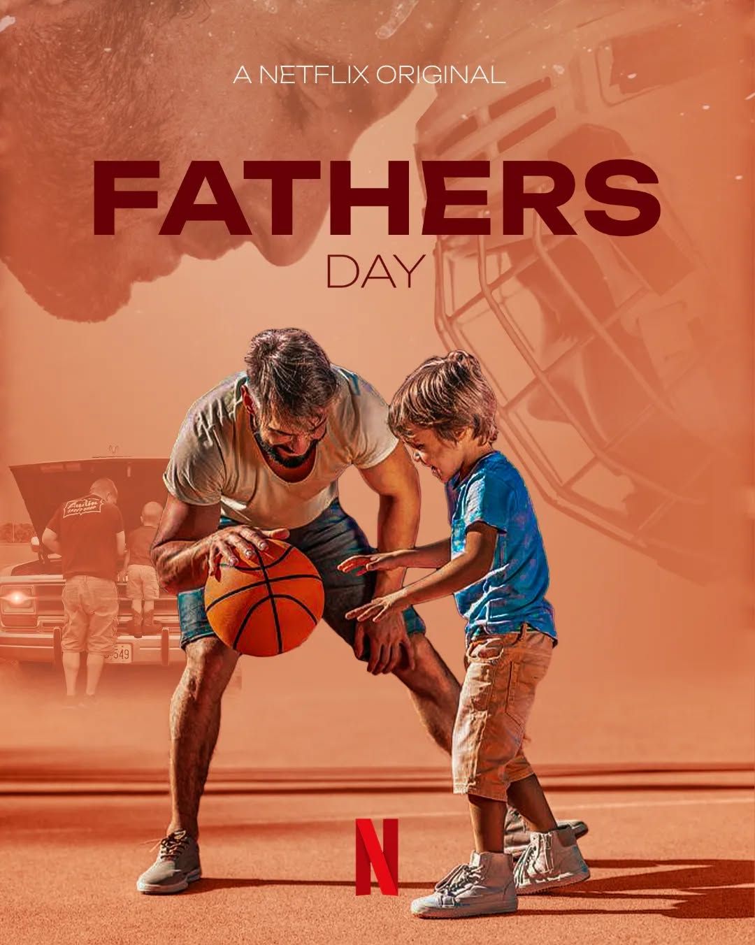 Father dribbling basketball with young son