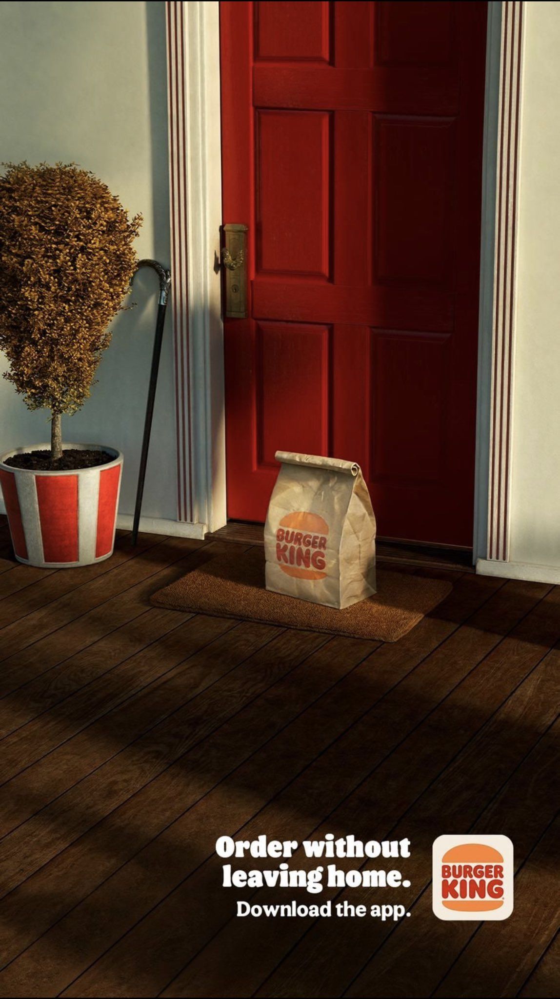 Story: Takeaway bag waiting on a doormat in front of a red door