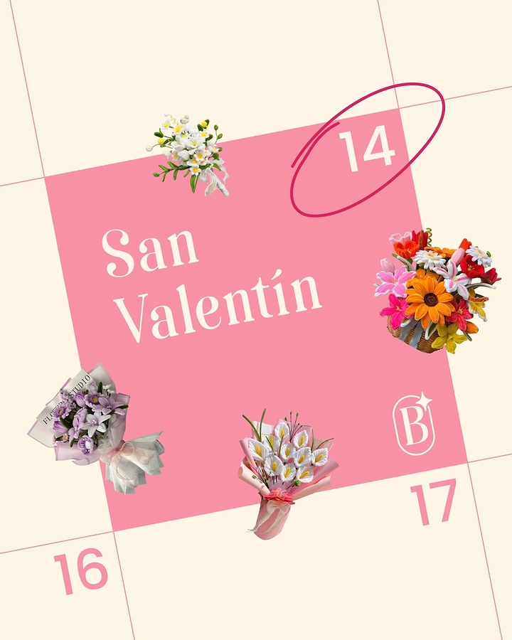 Valentine's Day creative ad: Tilted calendar grid with the 14th in pink, surrounded by bouquet cutouts