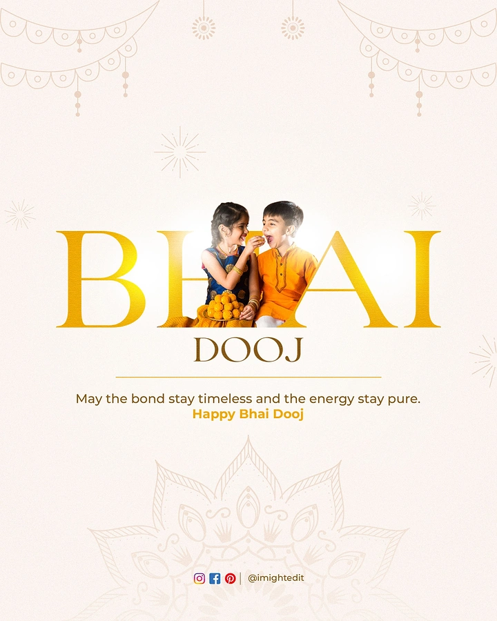 Bhai Dooj creative ad: Two children sharing laddoos, cut out and interlocked with giant gold 'BHAI' letters