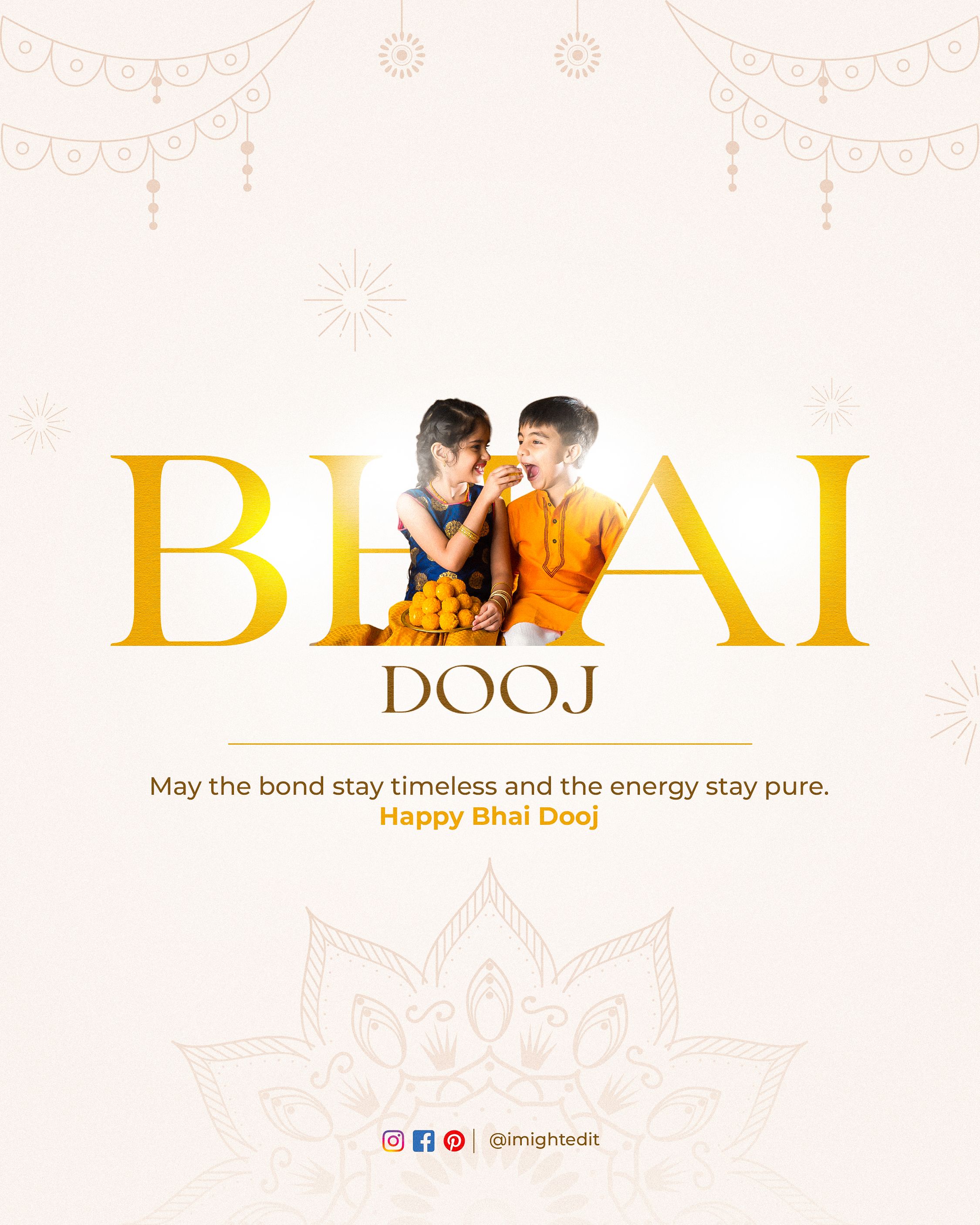 Two children sharing laddoos, cut out and interlocked with giant gold 'BHAI' letters