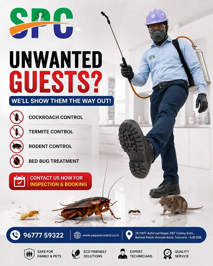 Pest Control creative ad: Technician kicking cockroach: show guests out