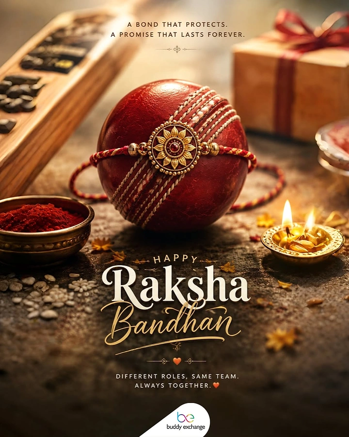 Raksha Bandhan creative ad: Red leather cricket ball wrapped with an ornate gold rakhi
