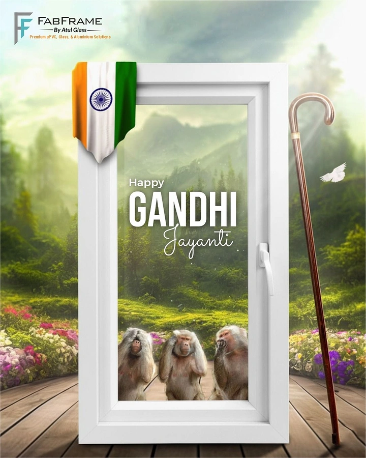 Gandhi Jayanti creative ad: A white window framing a misty green forest and three monkeys, beside Gandhi-inspired props