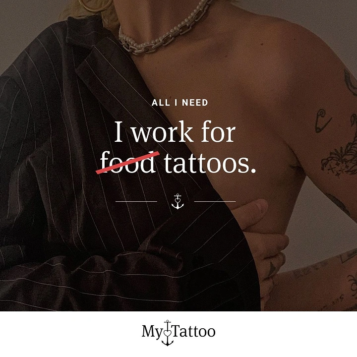 Tattoo Studios creative ad: Witty strikethrough 'work for tattoos' copy