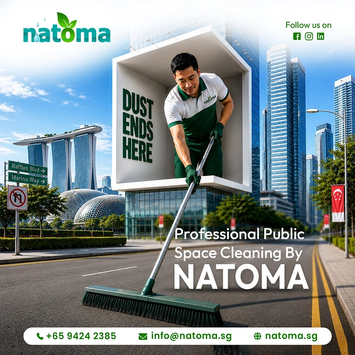 Cleaning Services creative ad: Cleaner sweeping out of 3D frame