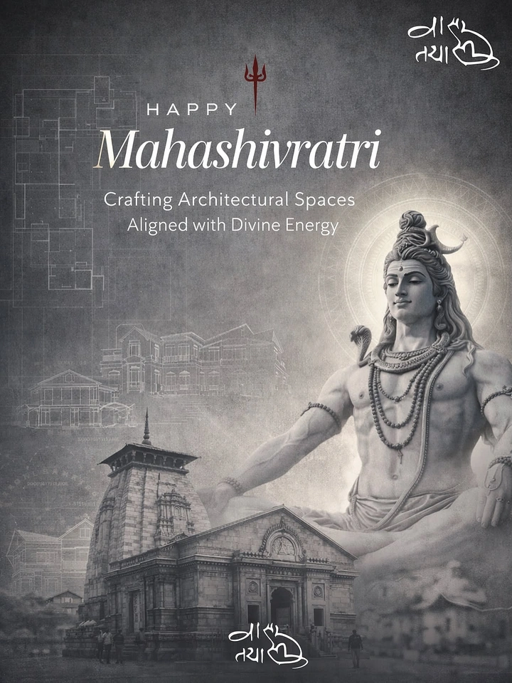 other-festival creative ad: Monochrome Shiva figure rising behind the Kedarnath temple, with blueprint overlays