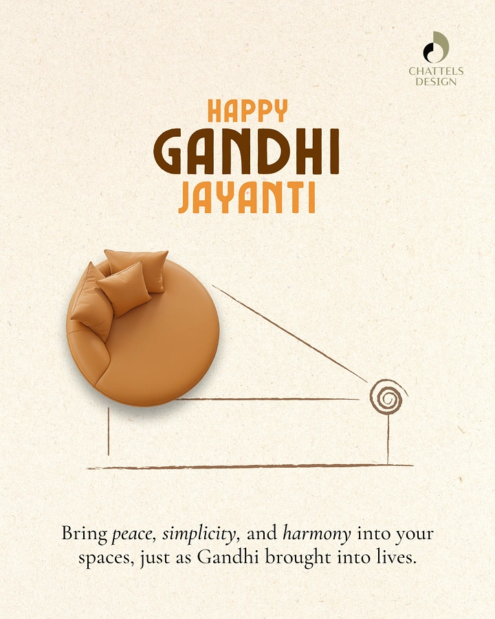 Gandhi Jayanti creative ad: Round tan leather sofa forming the wheel of a line-drawn charkha