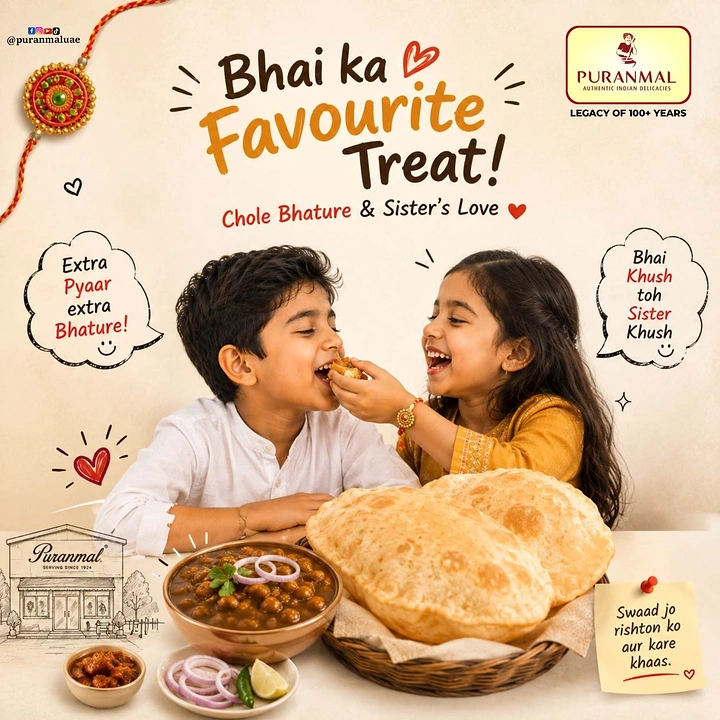 Raksha Bandhan creative ad: Sister feeding her brother a bite of chole bhature at a table