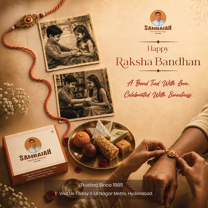 Raksha Bandhan creative ad: Flat-lay of vintage sibling photos, mithai plate and rakhi being tied