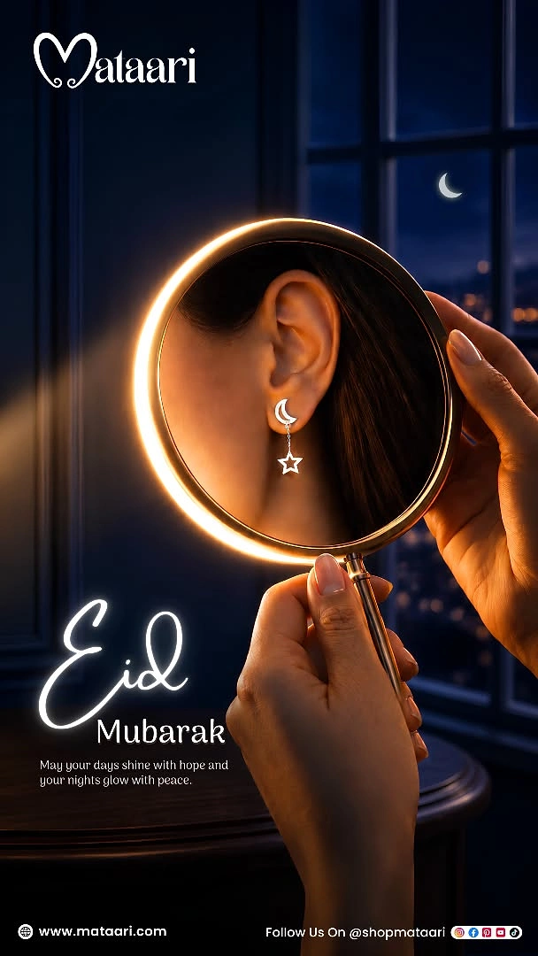 Eid creative ad: Hands holding a glowing mirror reflecting a moon-and-star earring