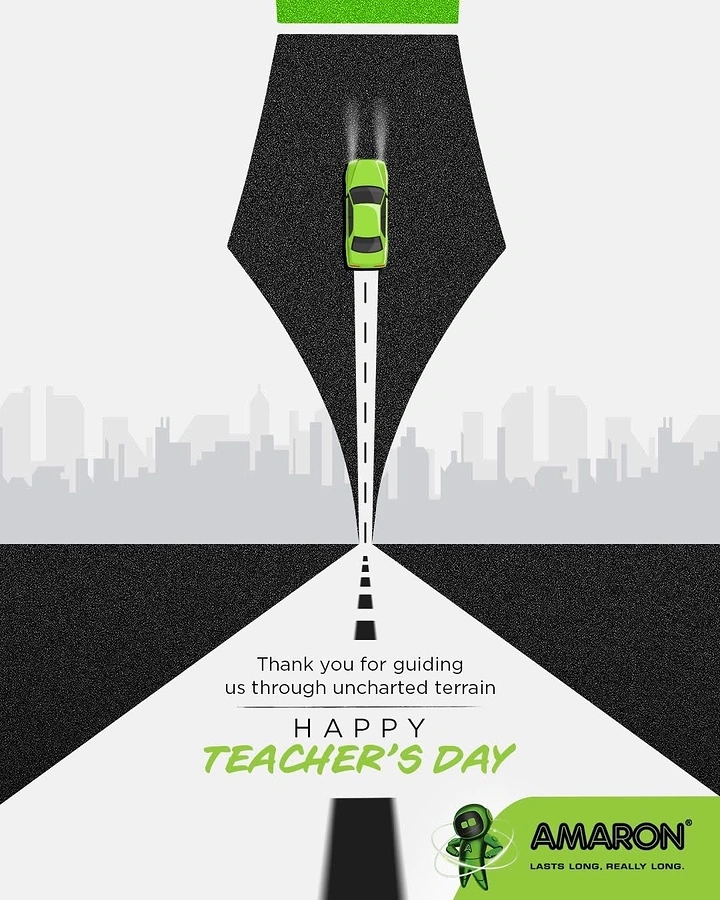 Teachers Day creative ad: Top-down green car driving on a road shaped like a fountain pen nib