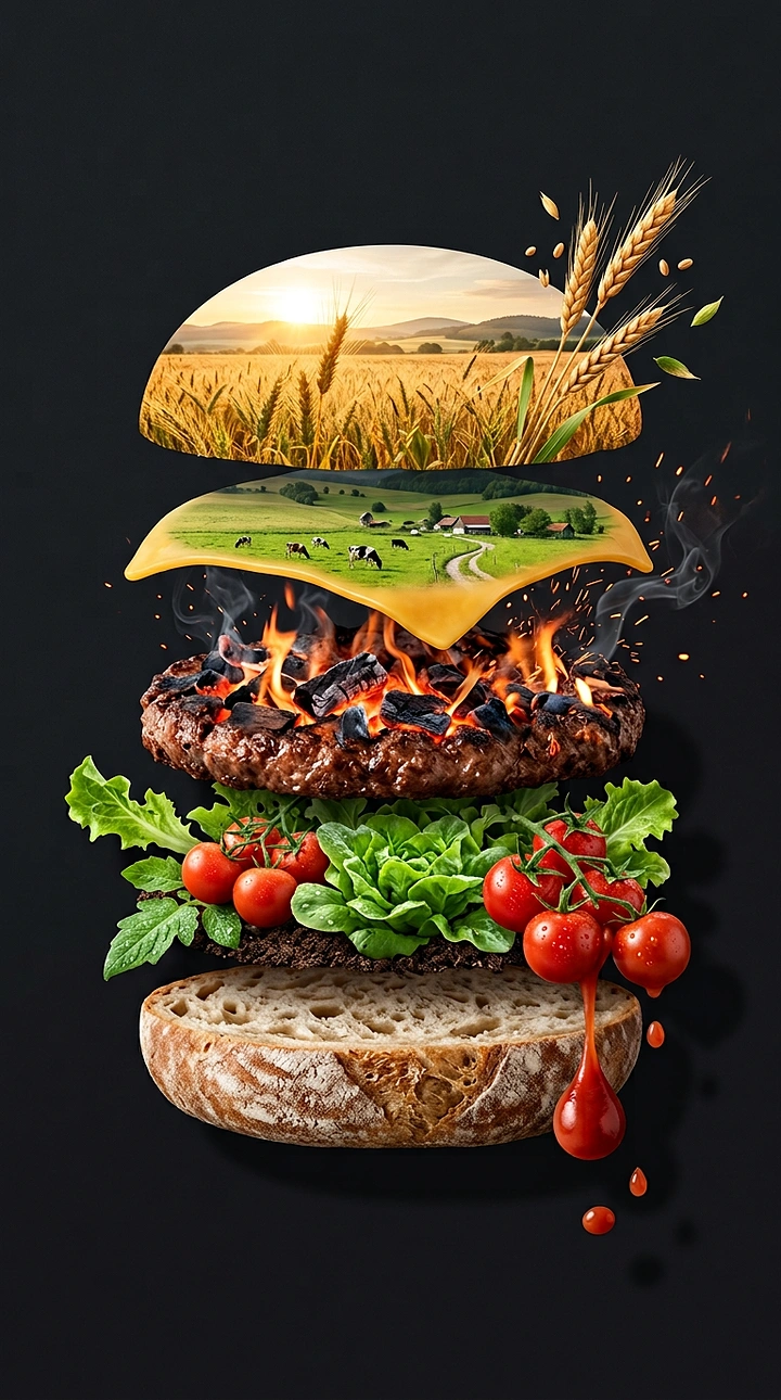 Organic & Farm Produce creative ad: Deconstructed floating burger with farm landscapes inside bun and cheese