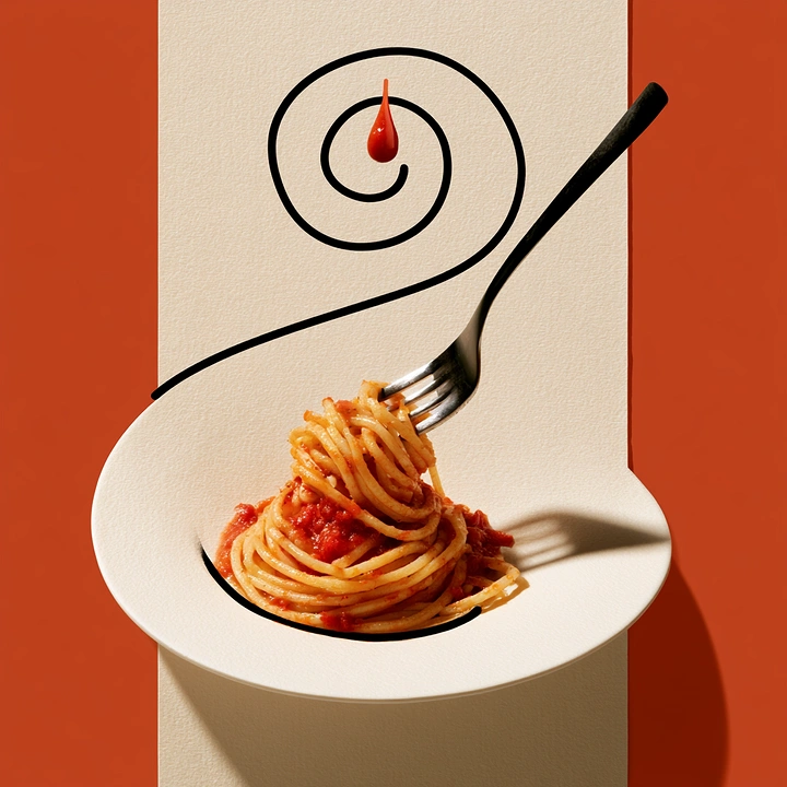 Instant Noodles & Pasta Brands creative ad: Spiral plate becomes visual centerpiece