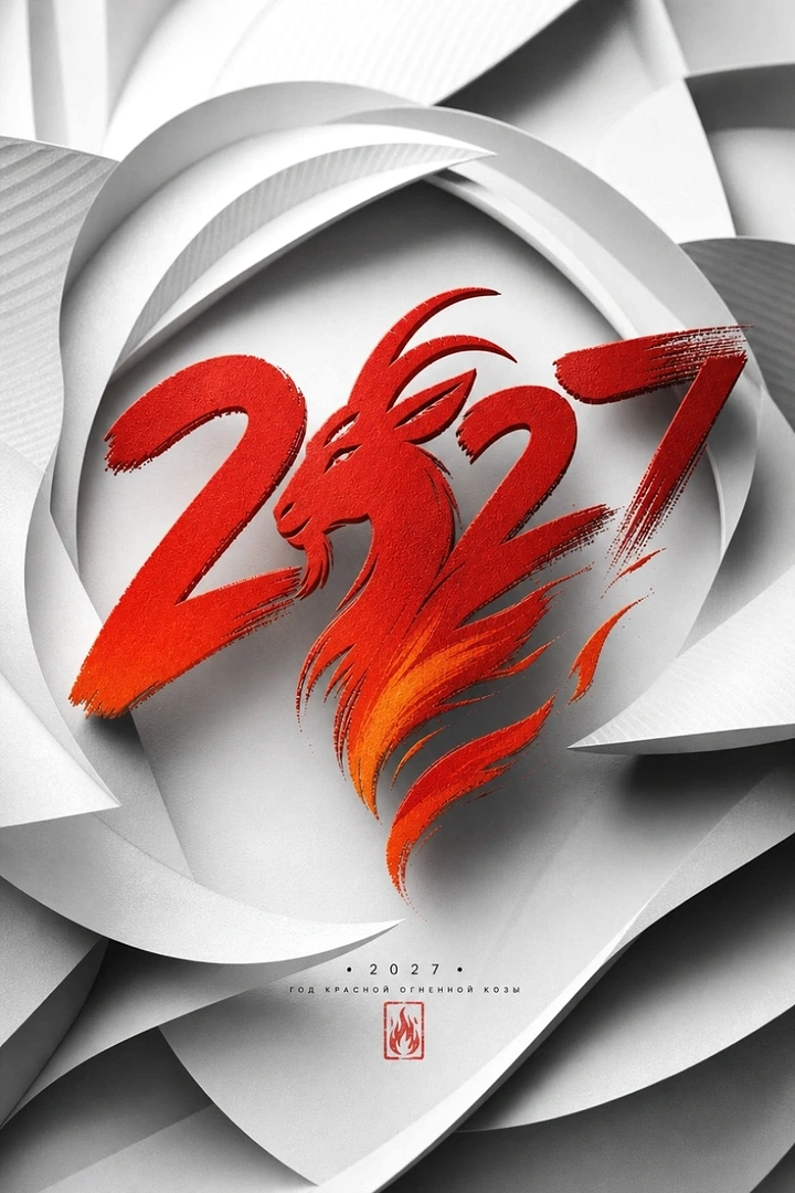 Lunar New Year creative ad: Red brush-painted 2027 numerals with a fiery goat head in the middle