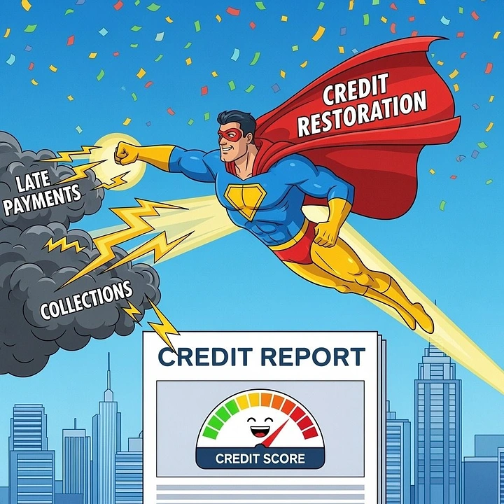 Credit Repair & Credit Score Services creative ad: Superhero visualizes credit restoration