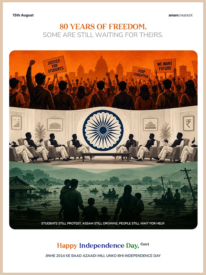 Independence Day creative ad: Three-tier illustrated panel: protesters, politicians lounging, flood victims
