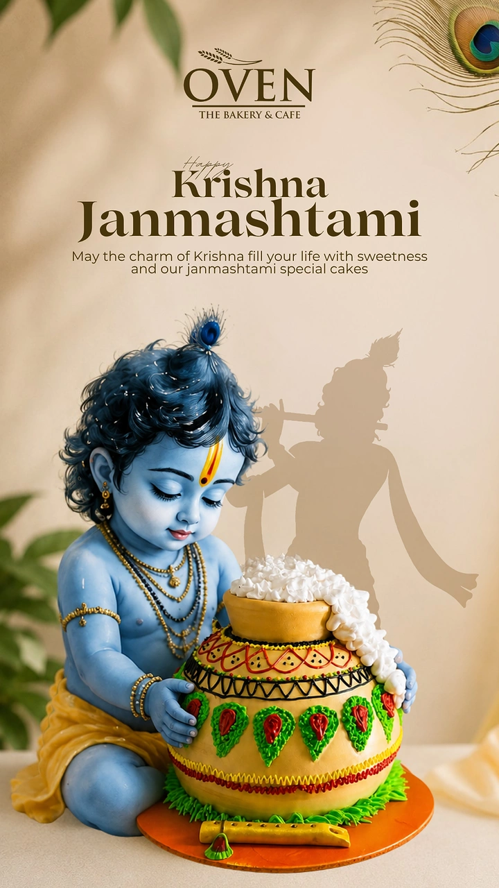 Janmashtami creative ad: Baby Krishna hugging a decorated matka cake