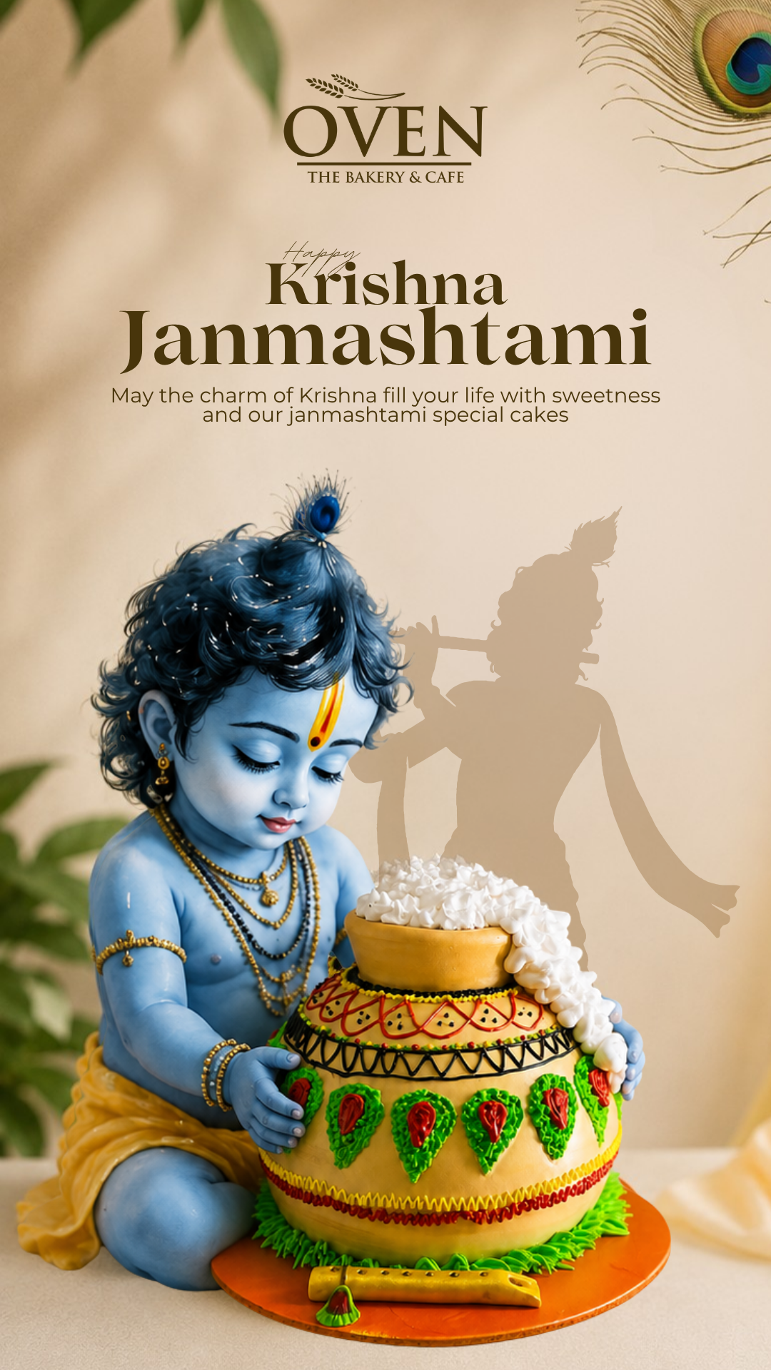 Baby Krishna hugging a decorated matka cake