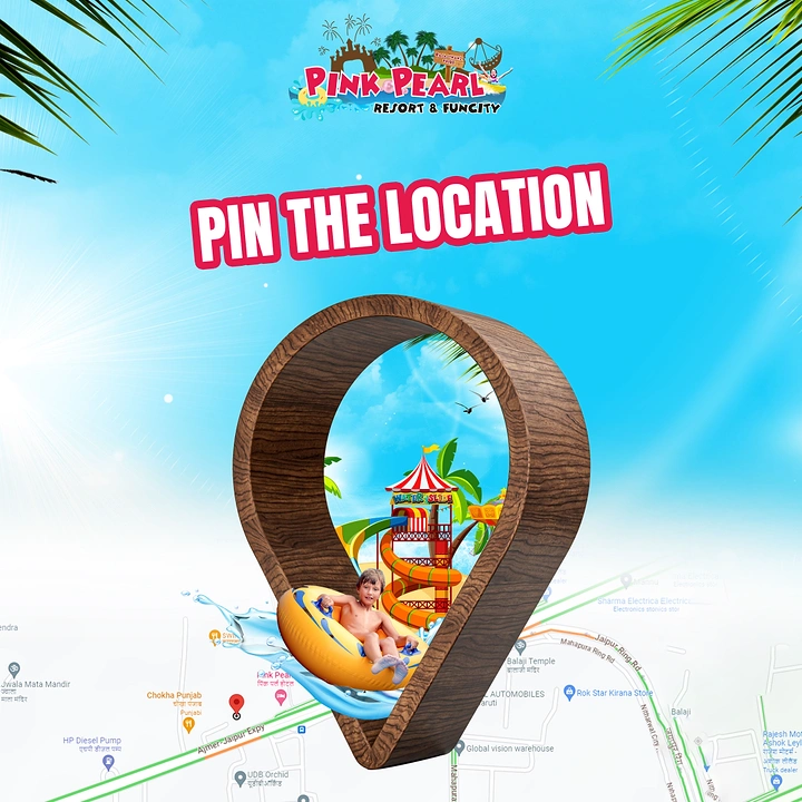 Amusement & Water Parks creative ad: Map pin as window into waterpark