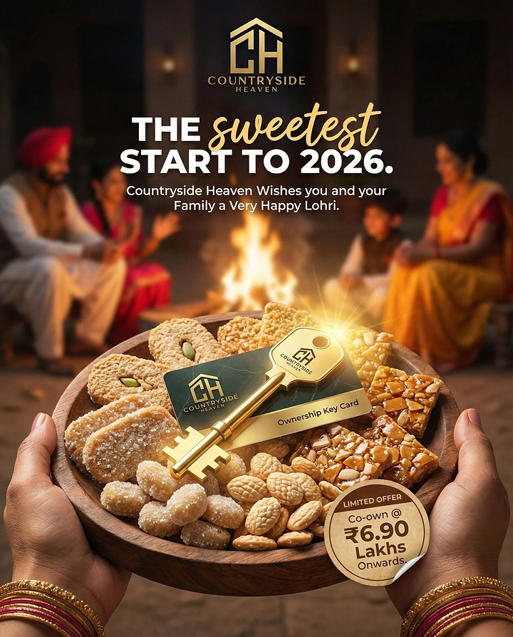 Lohri creative ad: Hands holding a Lohri sweets platter with a gold key