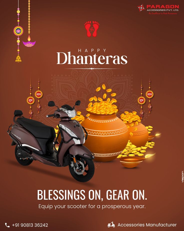 Brown scooter beside clay pots overflowing with gold coins