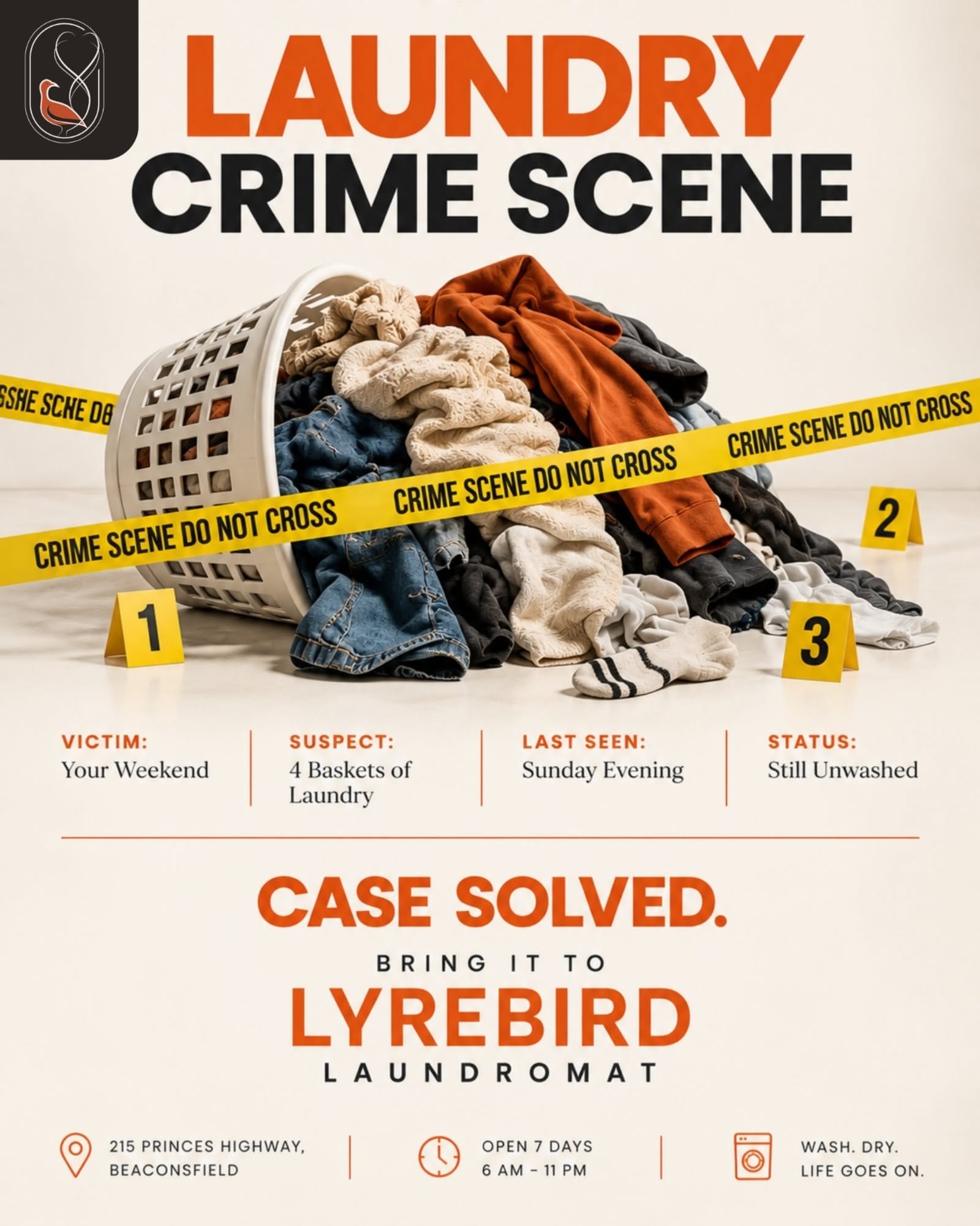 Instagram post: Laundry pile as crime scene, case solved