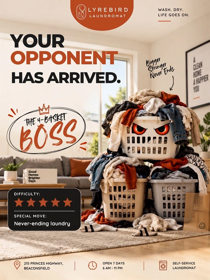 Laundry & Dry Cleaning creative ad: Laundry basket as video-game boss