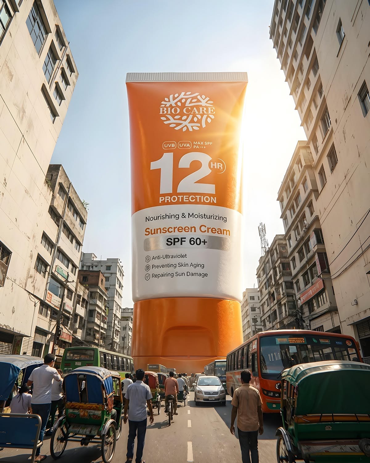 Instagram post: Oversized sunscreen tube dominates city scene