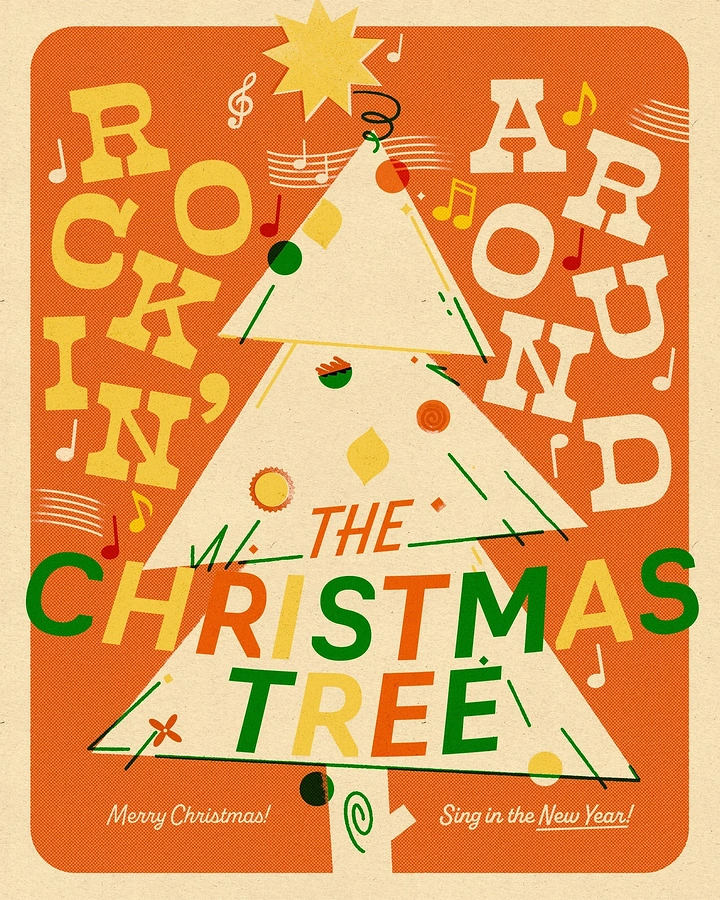 Christmas creative ad: Mid-century geometric Christmas tree with song-title type