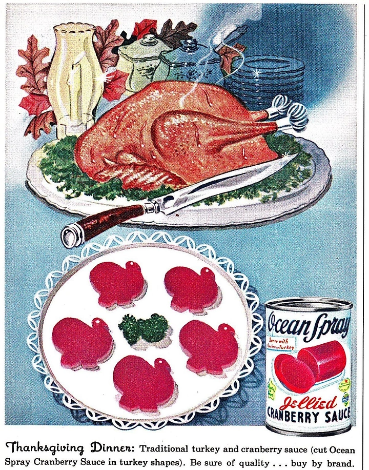 Thanksgiving creative ad: Painted roast turkey and turkey-shaped cranberry jelly slices with a sauce can