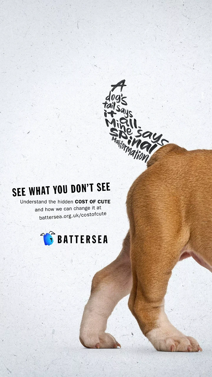Pets creative ad: Bulldog's rear with a tail made of hand-lettered words
