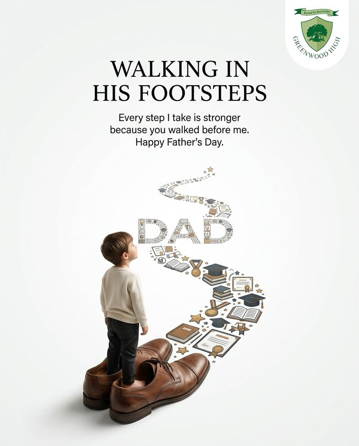 Boy standing in father's oversized leather shoes