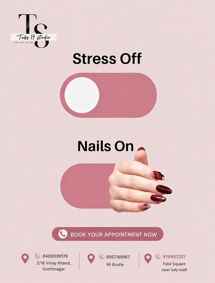 Nail Salons creative ad: Toggle switches: stress off, nails on