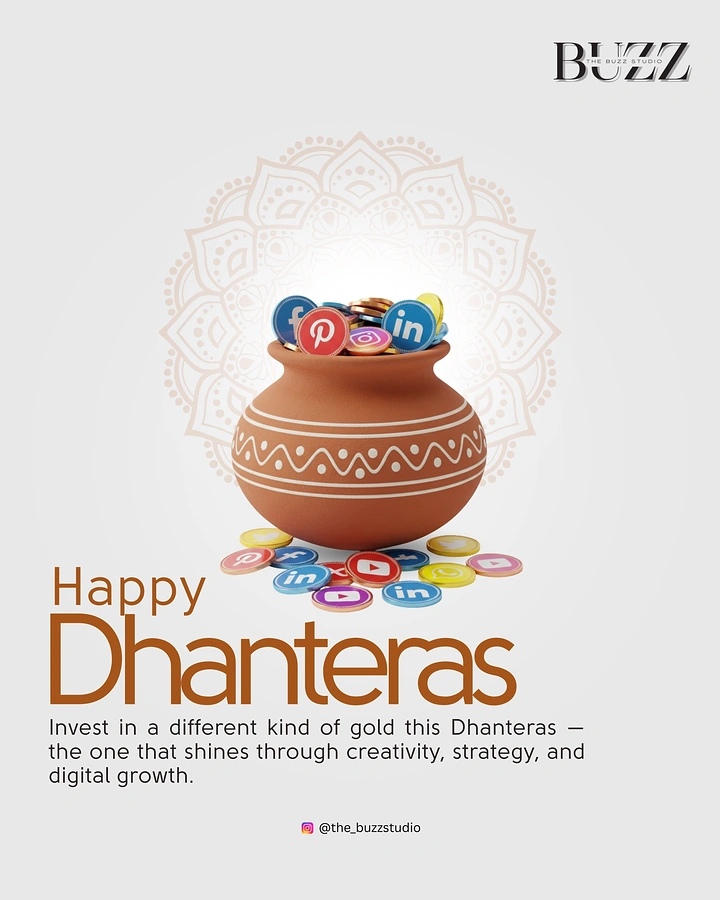 Dhanteras creative ad: 3D clay pot overflowing with social-media-icon coins