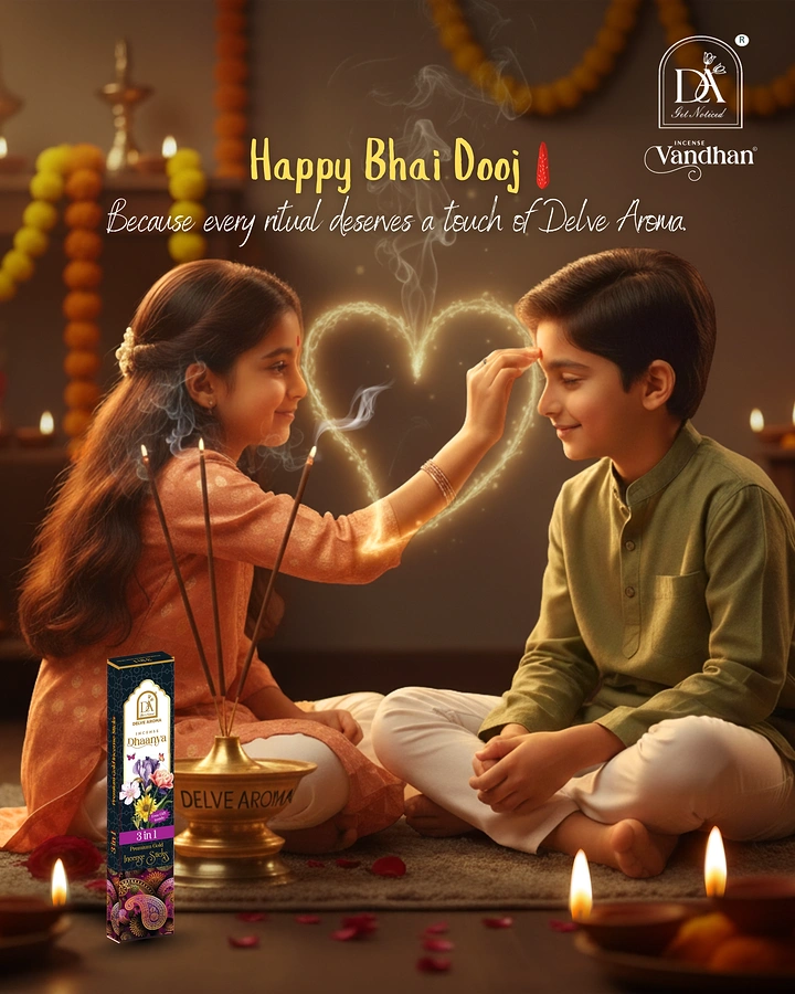 Bhai Dooj creative ad: Sister applying tilak to her seated brother, with incense smoke forming a heart