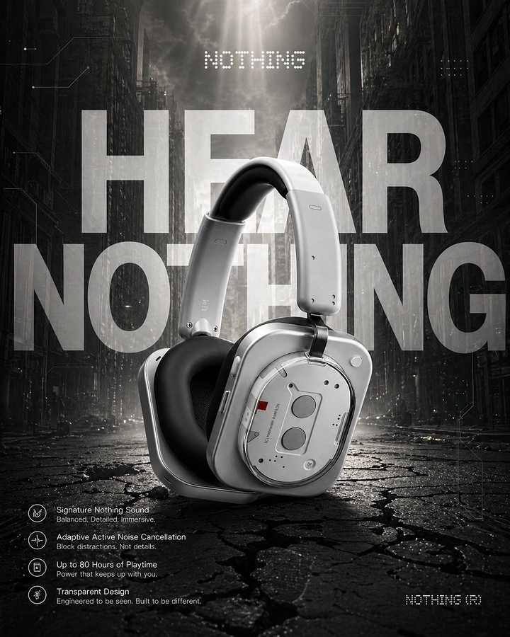 Creative ad: Silver transparent-design headphones on cracked asphalt