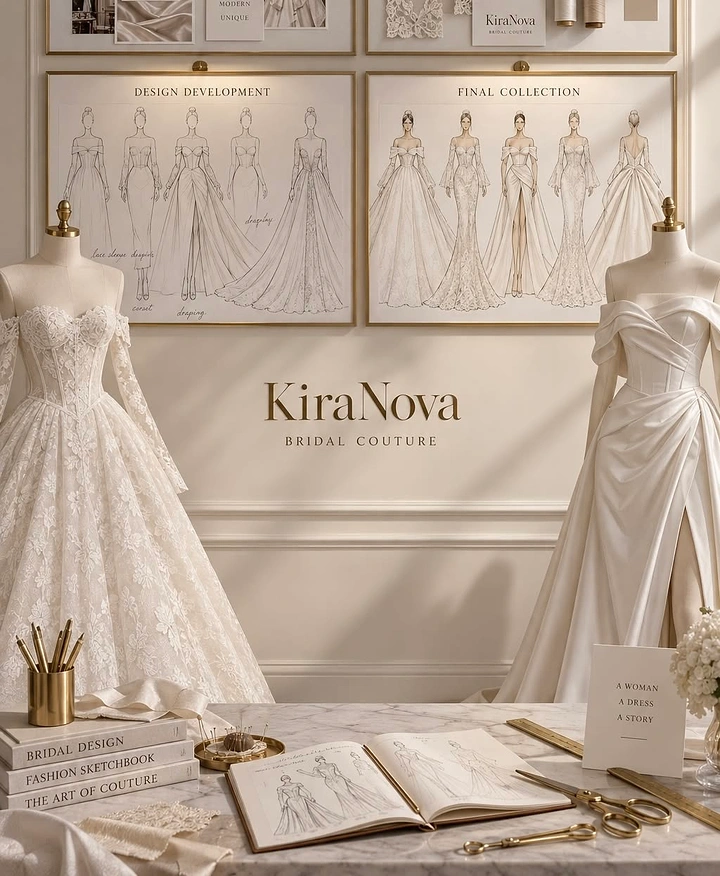 Fashion creative ad: Luxury bridal couture design studio with gowns, sketches, and worktable
