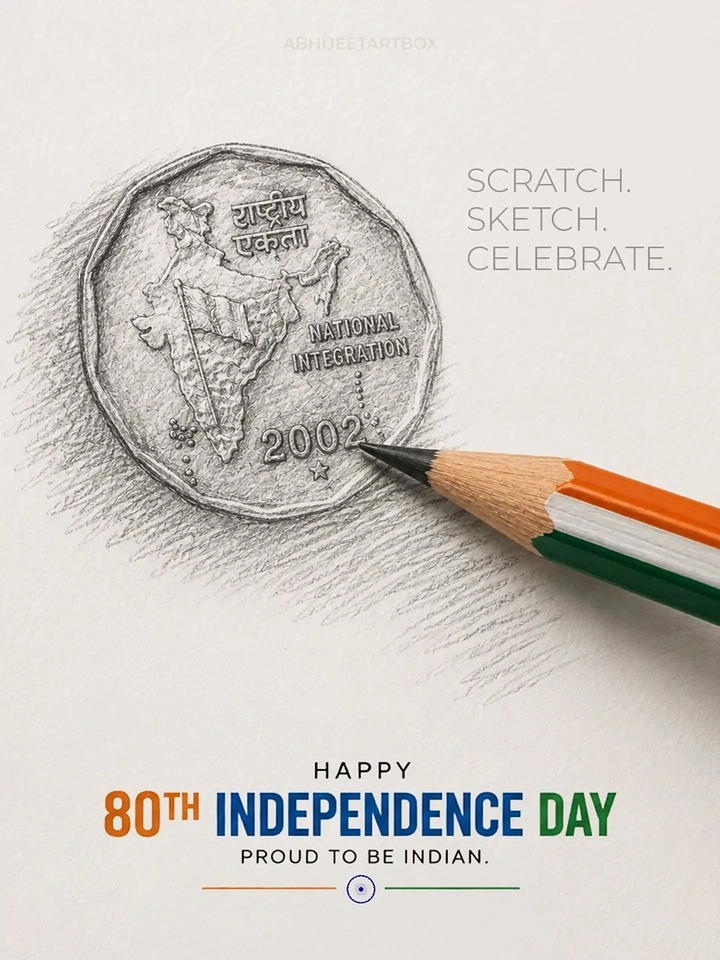 Independence Day creative ad: Graphite sketch of a National Integration coin with a tricolour pencil
