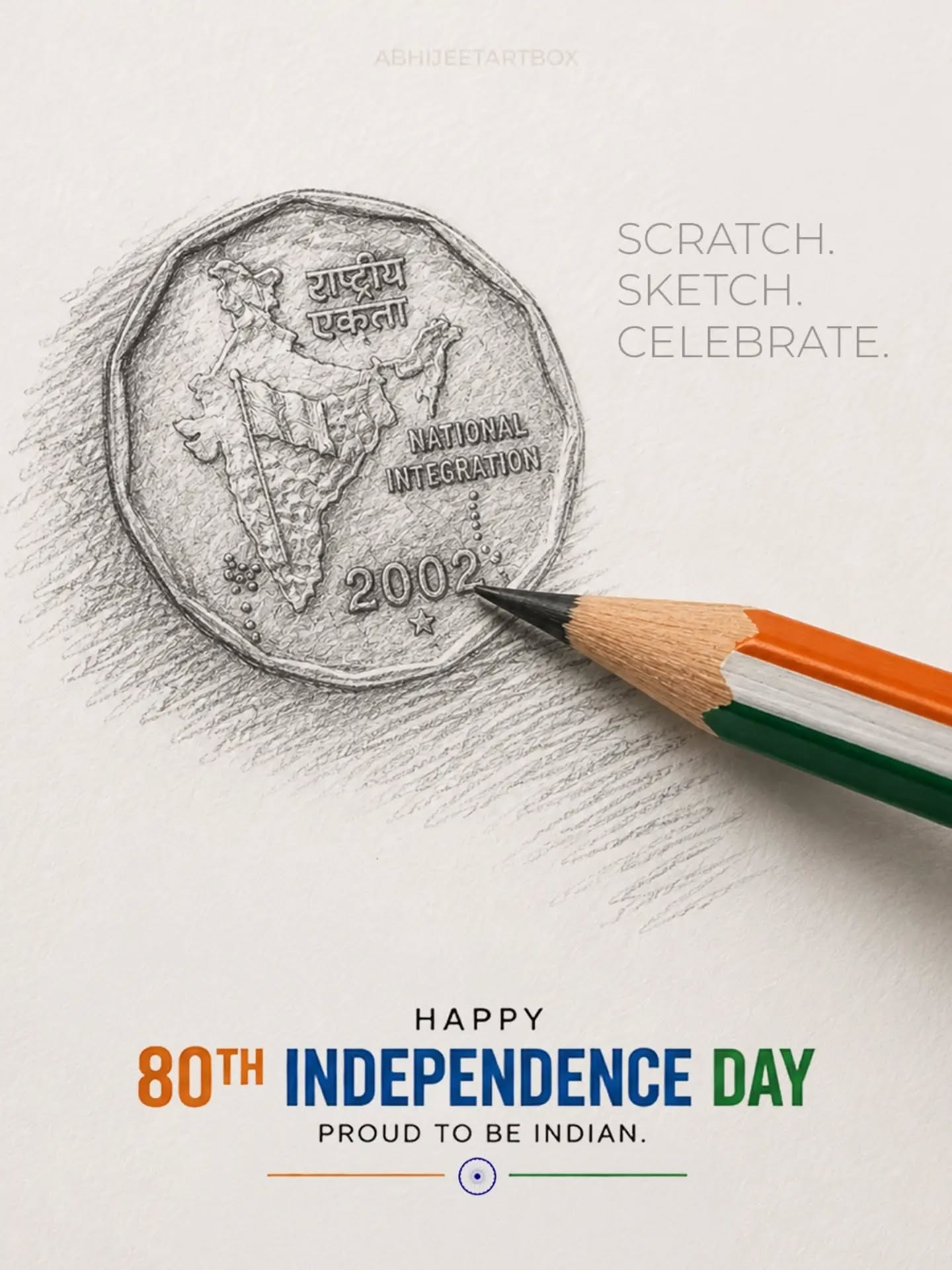 Graphite sketch of a National Integration coin with a tricolour pencil