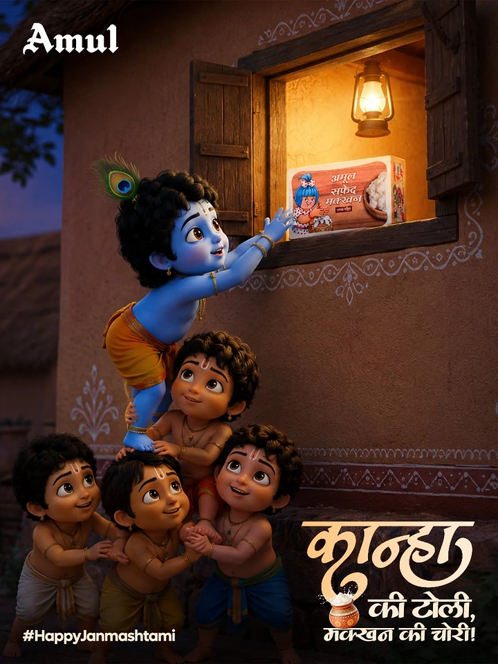 Janmashtami creative ad: Baby Krishna on friends' shoulders reaching for a butter pack in a window
