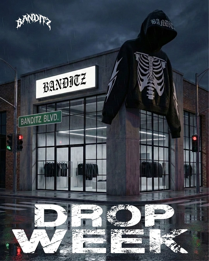 Streetwear creative ad: Oversized skeleton hoodie draped over the corner of a concrete streetwear store at night