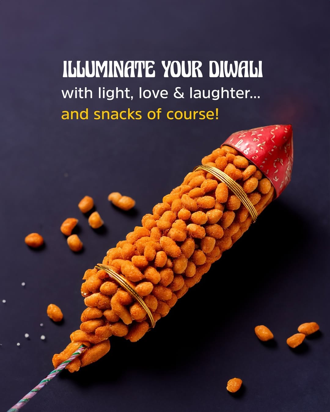 Diwali Instagram post: Rocket firecracker built from masala peanuts
