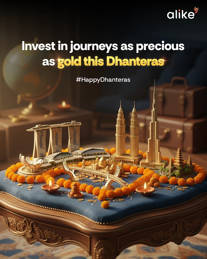 Dhanteras creative ad: Gold miniature world landmarks on a velvet stool ringed with marigolds and diyas