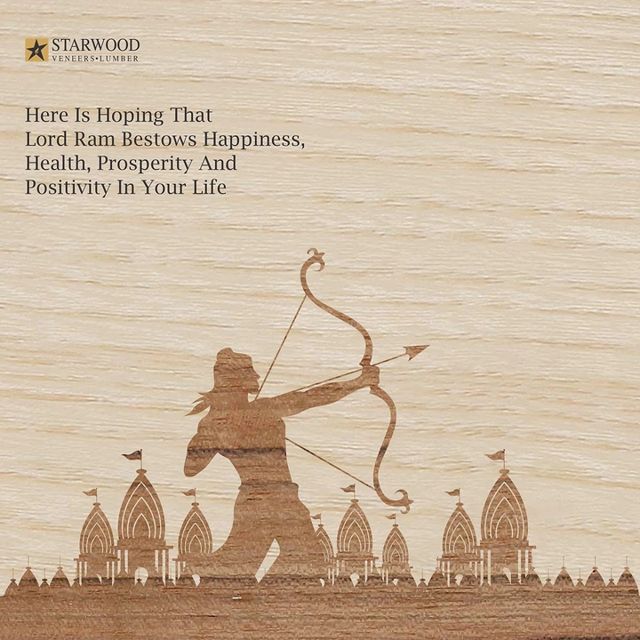 other-festival creative ad: Silhouette of Lord Ram drawing a bow over a temple skyline, rendered in wood grain