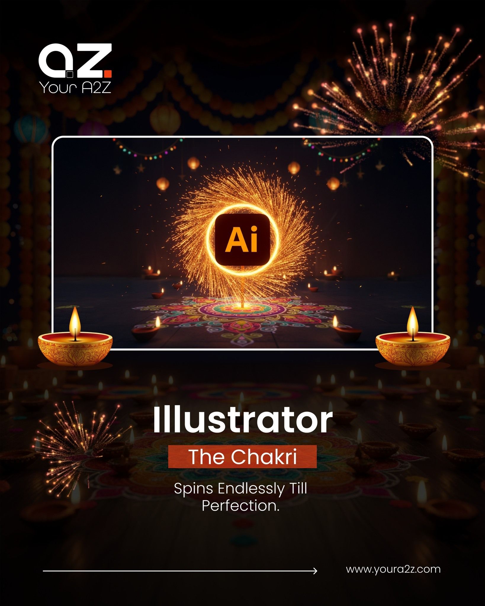 Diwali Instagram post: Illustrator app icon at the centre of a spinning chakri sparkler